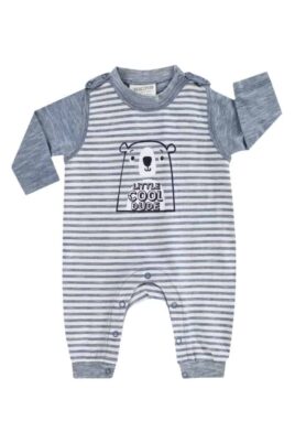 Jacky Baby 2er Set Strampler ohne Fuß mit blau-weißen Streifen, Bär & Print LITTLE COOL DUDE + Bear Langarmshirt blau meliert für Jungen – Vorderansicht