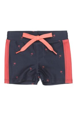 Koko Noko Navy blaue Baby Kinder badeshorts mit Bein, Palmen & orange rote Streifen für Jungen – Badehose mit Kordel – Schwimmshorts Vorderansicht