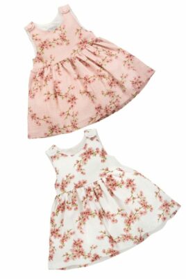 Pinokio Baby & Kinder Trägerkleid Sommerkleid ohne Ärmel mit Blumen, Blüten, Zweige & Rüschen aus Bio Baumwolle – Vorderansicht Mädchenkleider in Weiß & Rosa