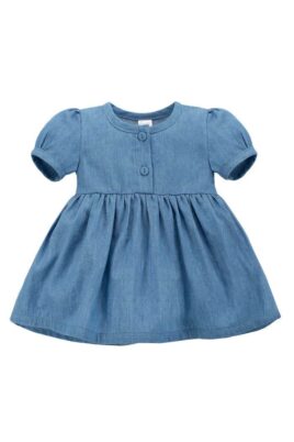 Pinokio Sommer Baby & Kinder Kurzarmkleid mit Rüschen, Paspeln, leicht ausgestellt in Denim Blau Jeans-Look für Mädchen aus Baumwolle – Vorderansicht Babykleid