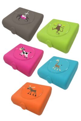 Carl Oscar Baby & Kinder Lunchbox Sandwichbox Brotbox mit Affe, Elch, Giraffe, Kuh & Spinne für Kids – Vorderansicht alle Lunch Boxen