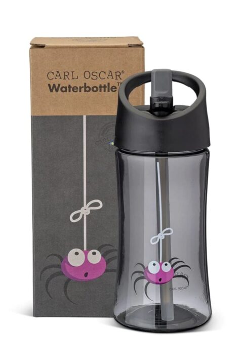 Baby & Kinder Trinkflasche Wasserflasche mit Spinne Tiermotiv in Grau Anthrazit - Kindertrinkflasche transparent von Carl Oscar - Vorderansicht water bottle