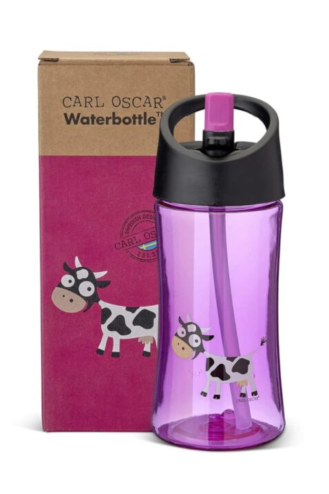 Baby & Kinder Trinkflasche Wasserflasche mit Kuh Tiermotiv in Lila Violett - Kids Kindertrinkflasche transparent von Carl Oscar - Vorderansicht water bottle