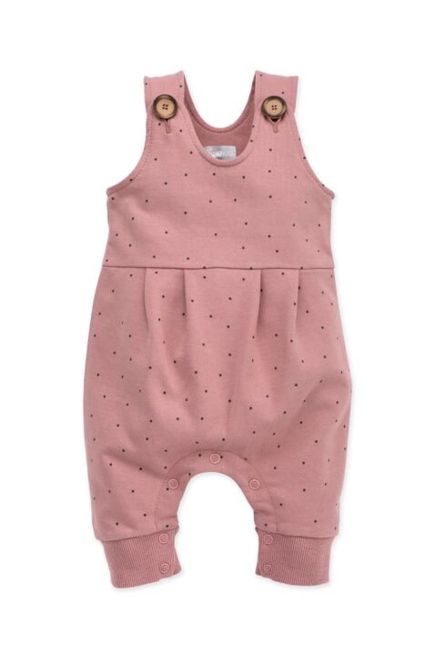 Kinder Baby Latzhose in Rosa mit schwarzen Punkten, Druckknöpfen & Zierfalten - Zauberhafte Babyhose mit Rippbündchen für Mädchen von PINOKIO - Vorderansicht