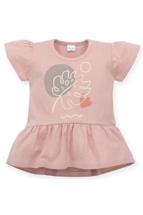 Baby & Kinder Mädchen Sommer Tunikakleid Shirt mit Blatt Motiv & Rüschen aus Baumwolle in Rosa von Pinokio - Vorderansicht Puffärmel Tunikashirt
