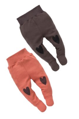 Baby Baumwolle Strampelhosen mit Fuß & Herz Motive für Mädchen in Rot & Braun von Pinokio - Vorderansicht ziegelroter & dunkelbrauner Halb-Strampler