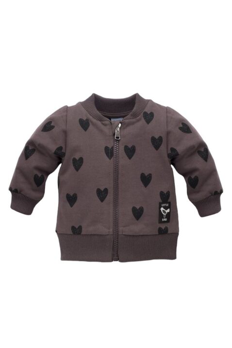 Baby & Kinder Mädchen Sweatjacke mit Herzen gemustert, Reißverschluss & Vogel Patch mit LITTLE BIRD Print in Braun von Pinokio - Vorderansicht dunkelbraune Mädchenjacke