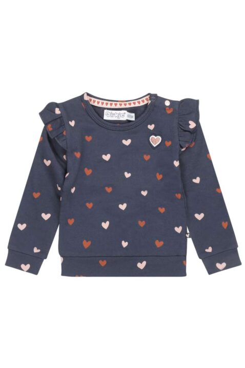 Baby & Kinder blauer Sweatshirt Pullover mit Herzen & Rüschen gemustert für Mädchen von Dirkje - Vorderansicht navy Rundhals Mädchenpullover