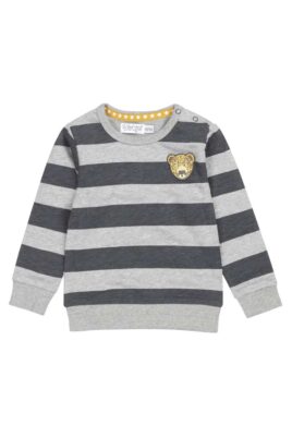 Dirkje grauer Baby & Kinder Sweatshirt Pullover mit blauen Streifen & Panther Patch aus Baumwollmischung für Jungen – Vorderansicht Langarmoberteil