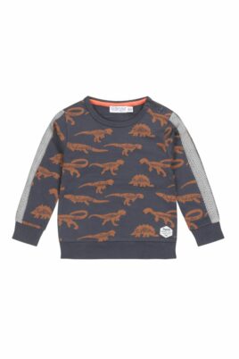 Dirkje blauer Baby & Kinder Sweatshirt Pullover langarm mit Dinosaurier All-Over-Print & Patch mit Rundhalsausschnitt für Jungen – Vorderansicht dunkelblaues Langarmoberteil