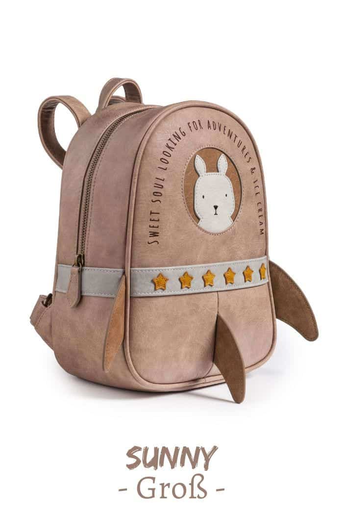 Handmade Rucksack für Kinder Babys groß veganes Kunstleder Rakete mit Hase Häsin in Rosa - Mädchen handgefertigter Bag Kinderrucksack mit Reißverschluss von LITTLE WHO - Seitenansicht Rocket rabbit backpack