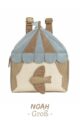 Beige Pastellblau großer Handmade Kinderrucksack veganes Kunstleder als Zelt mit Vogel für Jungen & Mädchen - Vintage Retro Rucksack Kindergartenrucksack von LITTLE WHO - Vorderansicht tent bird backpack