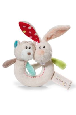 My First NICI Baby & Kinder Plüschhase & Plüschbär Greifling mit Rassel Hase Tilli & Bär Taps in Beige Bunt 11 cm – Vorderansicht Couple Ring Rattle Rabbit & Bear