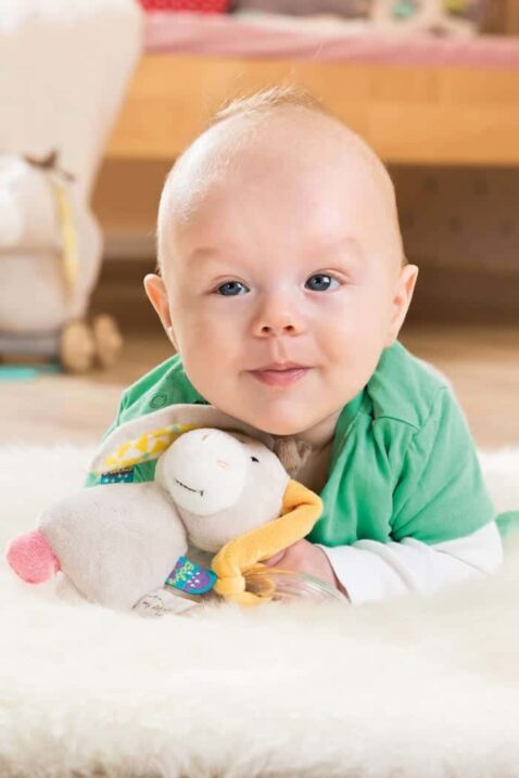 Baby & Kinder Esel Muli Kuscheltier mit Ringrassel 15 cm in Hellgrau Bunt aus Plüsch von My First NICI - Babyfoto Junge mit Plüschtier Babyspielzeug