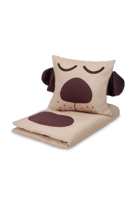 Baby Bettwäsche Set Hund Tiermotiv mit integriertem Schmusetuch Kuscheltuch 70x100 & 40x45 cm beige von ZNORKI - Vorderansicht Dog Bettgarnitur