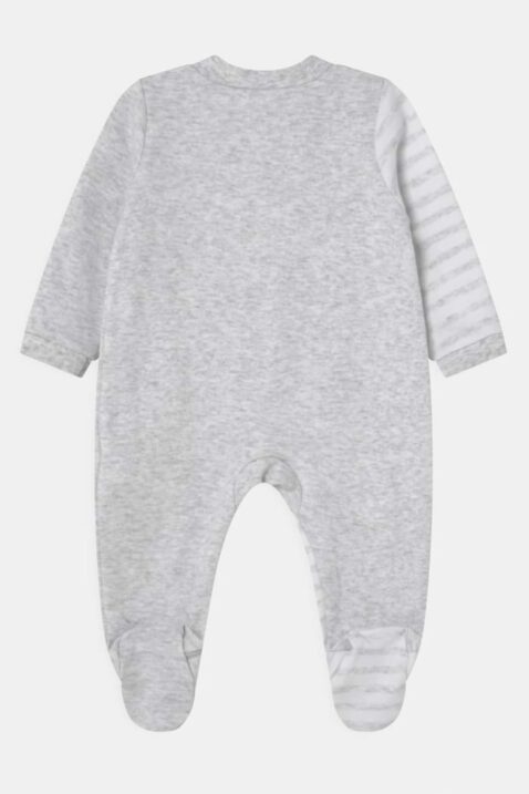 Baby & Kinder Zweierpack Einteiler Schlafanzug mit Fuß & durchgängigem Reißverschluss mit Kinnschutz in grau meliert von Boley - Rückansicht langer Pyjama Baumwoll Strampler mit Fuß & Waschbären