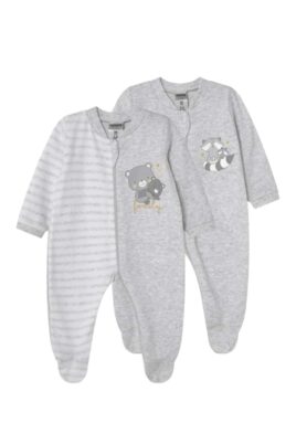Grau melierter Baby & Kinder 2er Multipack Schlafoverall mit Füßen, Waschbär & Bären unifarben aus 100% Baumwolle für Jungen & Mädchen von Boley - Vorderansicht 2-teiliges Pyjama Schlafstrampler Set