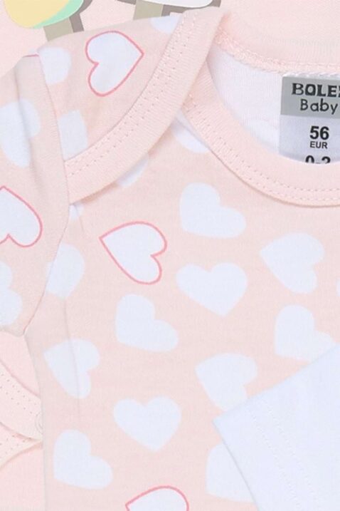 3er Baby Multipack Jersey Baumwolle Body kurzarm mit Herzen Muster für Mädchen in Hellrosa Weiß von Boley - Detailansicht Herz Kurzarmbody Sommerbody im Baby Set