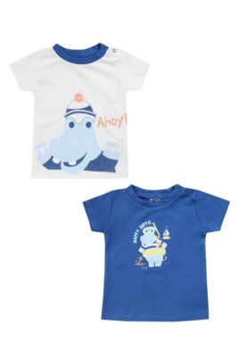 Blau weißer Kinder & Baby 2er Multipack T-Shirts mit Nilpferden aus 100% Baumwolle mit Rundhals für Jungen von Boley - Vorderansicht 2-teiliges Sommer-Set mit Hippos Kurzarmshirts