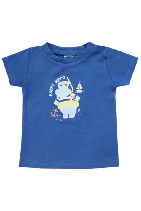 Baby & Kinder blaues 2-teiliges Jungen Sommerset Kurzarmshirt mit HAPPY HIPPO Print aus Baumwolle von Boley - Vorderansicht Rundhals T-Shirt mit Flußpferd im Doppelpack