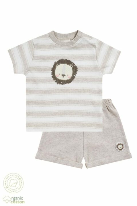 Baby & Kinder 2er Set T-Shirt mit Streifen & Löwe + Shorts kurze Hose mit Umschlag in beige melange aus Bio Baumwolle für Jungen & Mädchen von Jacky - Vorderansicht 2teiliges Sommer-Set