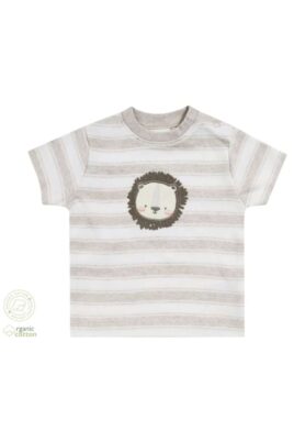 Kinderset & Babyset 2-teilig Interlock T-Shirt gestreift mit Löwe + kurze Sommerhose mit Umschlag in Beige-mélange Bio Baumwolle von Jacky - Vorderansicht Eco friendly Kurzarmshirt mit Löwenpatch
