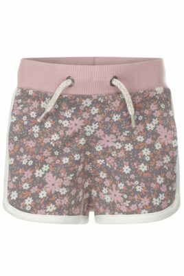 Baby & Kinder Sommer kurze Hose Shorts mit Blumen gemustert & Paspeln in Rosa Grau für Mädchen von Koko Noko - Vorderansicht Mädchenhose Sommerhose