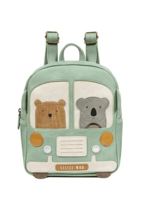 Großer XL Bulli Bus Handmade Kinderrucksack aus veganem Kunstleder mit Bär & Koala für Mädchen & Jungen in Grün von LITTLE WHO - Vorderansicht handgefertigter & nachhaltiger Backpack Rucksack