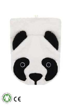 Baby & Kinder Frottee Waschlappen Waschhandschuh Panda aus Bio-Baumwolle kbA 15x20 cm von FÜRNIS - Vorderansicht handgefertigtes Waschtier in Erwachsenengröße
