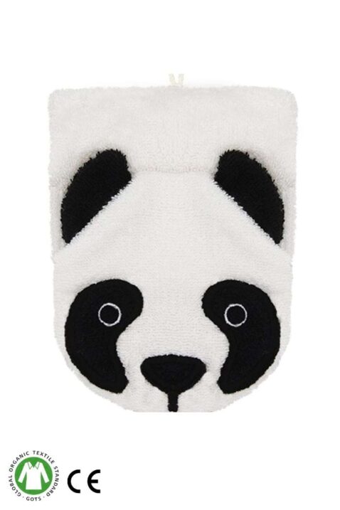 Baby & Kinder Frottee Waschlappen Waschhandschuh Panda aus Bio-Baumwolle kbA 15x20 cm von FÜRNIS - Vorderansicht handgefertigtes Waschtier in Erwachsenengröße