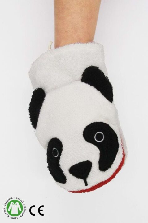 Bio Kinderwaschlappen & Babywaschlappen mit Panda aus Bio-Baumwolle kbA 15x20 cm von FÜRNIS - Vorderansicht Frottee Waschhandschuh mit Tiermotiv Organic Cotton