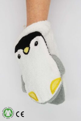 Bio Kinderwaschlappen & Babywaschlappen mit Pinguin aus Bio-Baumwolle kbA 17x23 cm von FÜRNIS - Vorderansicht Frottee Waschhandschuh mit Tiermotiv Organic Cotton