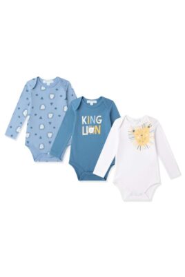 Baby & Kinder 3er Pack Bodys langarm mit Löwen für Jungen in blau & Weiß von NEWNESS AMOMI - Vorderansicht Multipack Baumwolle Einteiler Langarmbodys Lion