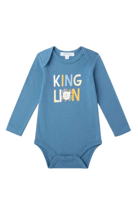 Blauer Jungen Baby & Kinder Rundhals Body langarm mit LION KING Print & Schlupfkragen im 3er Babyset von NEWNESS AMOMI - Vorderansicht Löwen Langarmbody dunkelblau