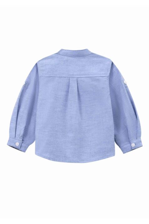Leichtes Baby & Kinder langärmliges Freizeithemd ohne Kragen in Hellblau unifarben von NEWNESS - Rückansicht Freizeithemd Baumwollhemd langarm mit Liegefalte