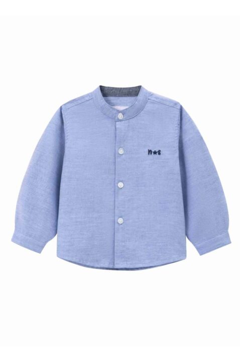 Baby & Kinder Grandad Hemd langarm mit Stehkragen aus leichter Oxford Stoff Baumwolle für Jungen in Hellblau von NEWNESS - Vorderansicht Langarmhemd ohne Kragen