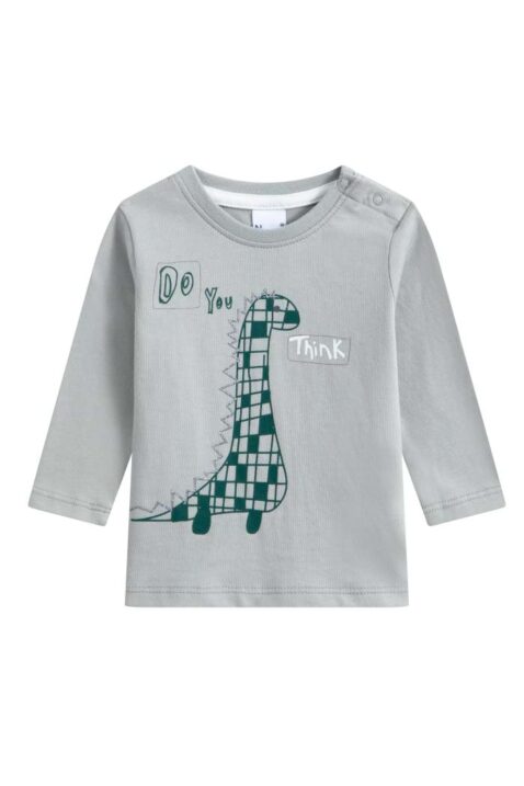 Baby & Kinder Rundhals Langarmshirt mit Dinosaurier & DO YOU THINK Print aus Baumwolle für Jungen & Mädchen in Grau von NEWNESS - Vorderansicht Shirt mit langen Ärmeln