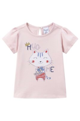 Baby & Kinder T-Shirt mit Katze, Rüschen & HUG ME Print Sommer für Mädchen in Rosa von NEWNESS - Vorderansicht Kurzarmshirt