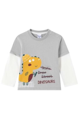 Baby & Kinder 2-in-1 Langarmshirt mit Dinosaurier Tiermotiv, Rundhals in Grau Weiß aus Baumwolle von NEWNESS - Vorderansicht Jungen graues Dino T-Shirt mit integriertem Longsleeve weiß