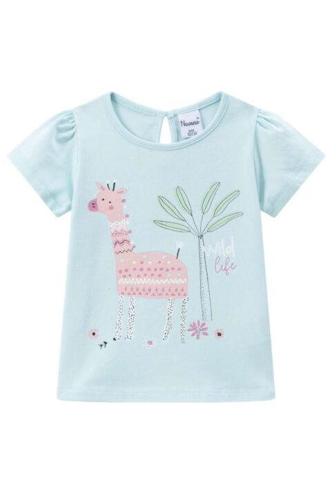 Baby & Kinder Rundhals T-Shirt mit Giraffe, Tulpenärmel Rüschen & WILD LIFE Print für Mädchen in Türkis Grün von NEWNESS - Vorderansicht Sommer Kurzarmshirt
