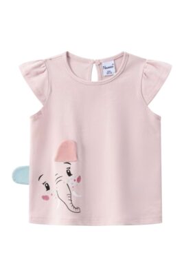 Baby & Kinder Rundhals T-Shirt mit Elefant & Schmetterlingsärmel Rüschen für Mädchen in Rosa von NEWNESS - Vorderansicht Sommer Top ohne Ärmel