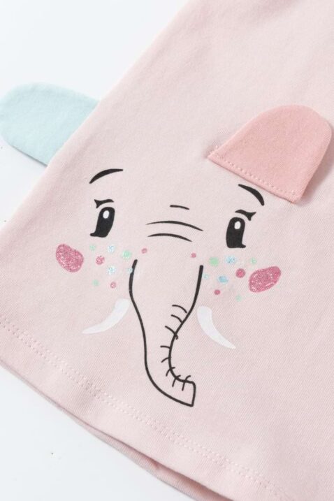 Rosa Baby & Kinder T-Shirt Top ärmellos mit Tiermotiv & Rüschen für Mädchen unifarben von NEWNESS - Motivansicht Elefant mit Ohren Sommershirt ohne Ärmel