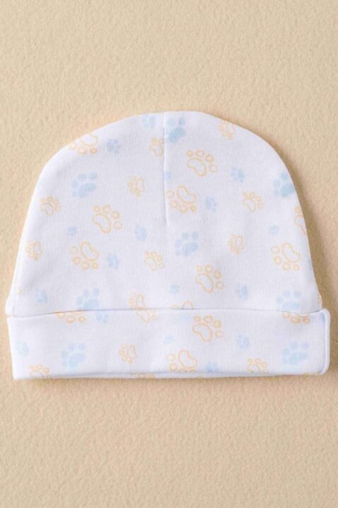 Basic weiße Neugeborenen Mütze mit Waschbär Pfoten gemustert im 4er Babyset von NEWNESS AMOMI - Vorderansicht Babymütze unifarben für Mädchen & Jungen im Geschenkset Erstlingsset 4teilig