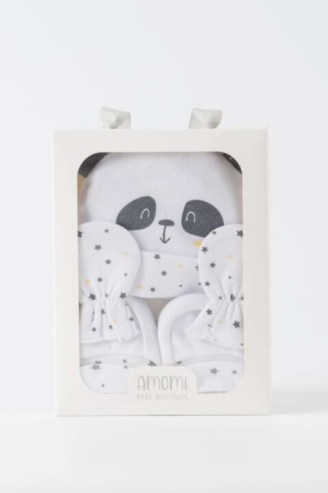 3er Neugeborenen Baby-Bekleidungsset in Weiß aus Schlupfschuhe mit Umschlag, Panda Mütze mit Ohren & Fäustlinge für Babys mit Sterne gemustert von NEWNESS AMOMI - Vorderansicht hochwertige Geschenkbox Panda