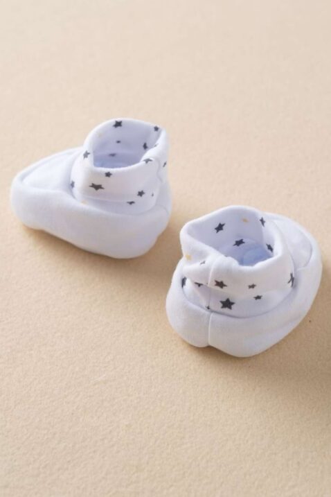 Basic weiße Neugeborenen Panda Geschenkbox aus Babymütze, Babyschuhe & Babyhandschuhen im 3er Babyset von NEWNESS AMOMI - Vorderansicht Schlupfschuhe Krabbelschuhe mit Sterne gemustert für Mädchen & Jungen im Geschenkset Erstlingsset