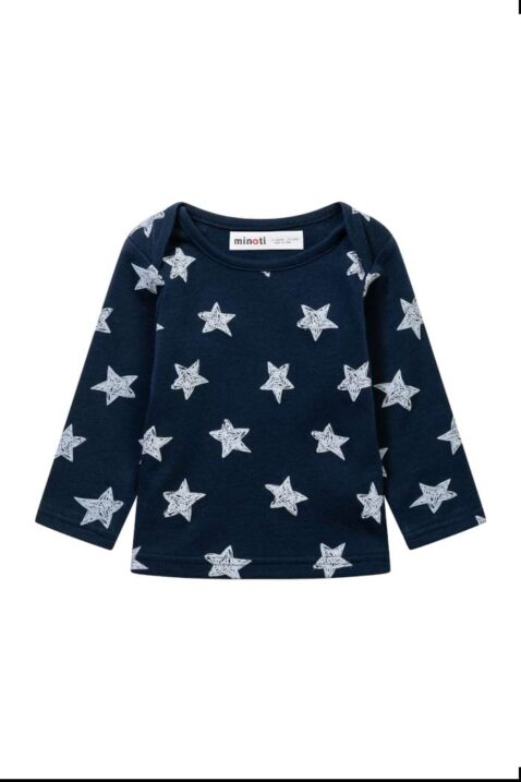 Baby blauer Longsleeve mit weißen Sternen gemustert & Rundhals aus Baumwolle für Jungen von Minoti - Vorderansicht stars Sterne marineblaues Langarmshirt mit Schlupfausschnitt im Dreierpack