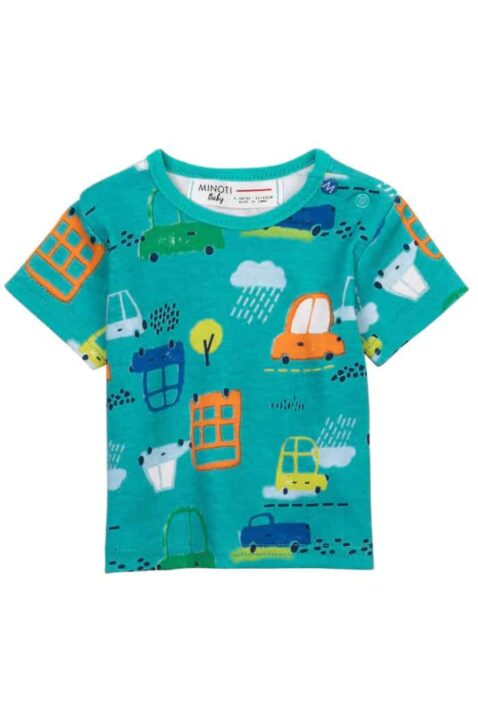 Baby türkis grünes T-Shirt mit Autos, Wolken, Bäume & Rundhalsausschnitt für Jungen aus Baumwolle im 3er Pack von Minoti - Vorderansicht gemustertes Babyshirt mit kurzen Ärmeln