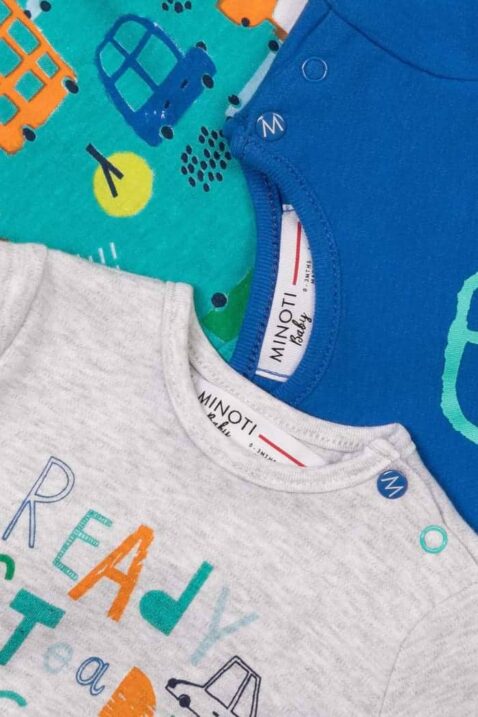 Baby türkisgrünes T-Shirt mit Autos gemustert - Kurzarmshirt mit Automotiv blau - hellgaues Babyshirt kurzarm mit READY STEADY GO Print von Minoti - Detailansicht 3er Multipack Jungen Sommershirts