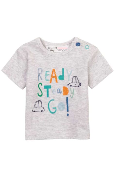 Baby graues T-Shirt mit buntem READY STEADY GO Print, Autos & Rundhals aus Baumwolle für Jungen von Minoti - Vorderansicht hellgraues unifarben Kurzarmshirt Sommershirt im Dreierpack