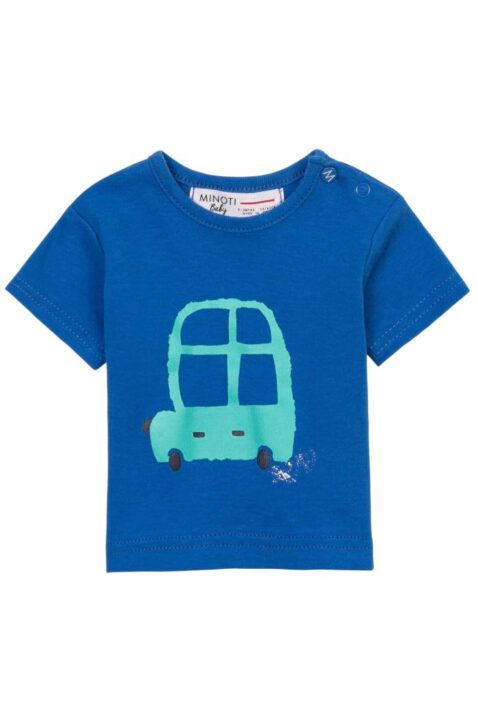 Blaues Car Baby T-Shirt Set mit Automotiv für Jungen aus 100% Baumwolle von Minoti - Vorderansicht Kurzarmshirt mit großem Auto & Rundhalsausschnitt für den Sommer im 3er Pack